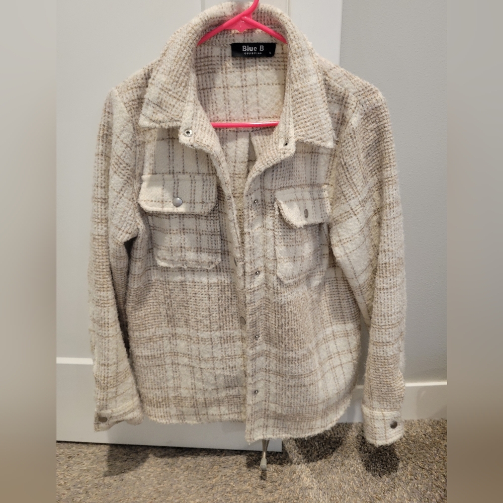 Cream and Tan Fuzzy Shacket Coat Plaid Medium